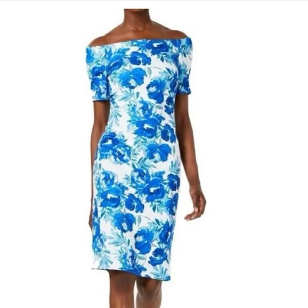 NWT Calvin Klein Women's Off-the-shoulder Floral Midi Blue & White Dress Size 4